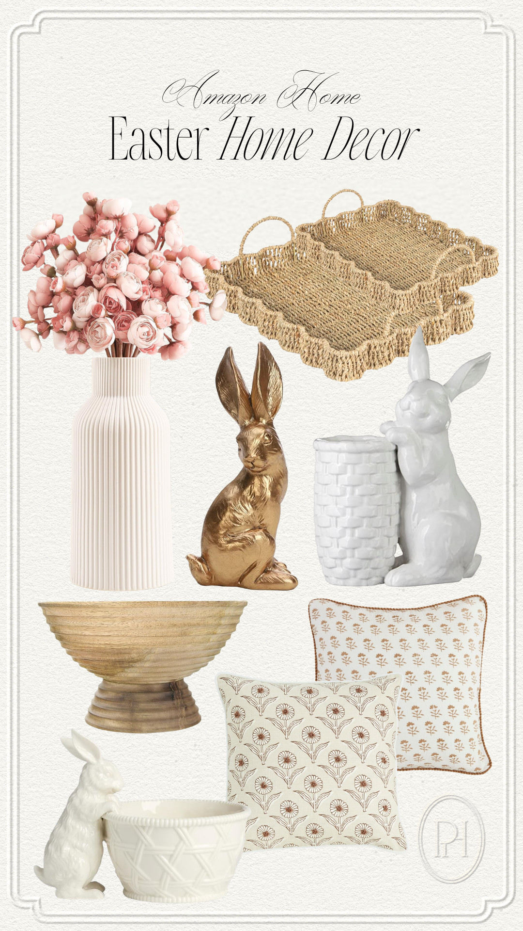 Some of the cutest home decor finds I've found for Easter on Amazon!

Easter decor, bunny decor, spring decor, home decor, home accents, faux stems, pink stems, faux florals, scalloped edge trays, wicker trays, woven trays,  bunny vase, Easter vase, wood bowl, decorative bowl, floral pillows, throw pillows, accent pillows, ribbed vase, white vase, gold rabbit, golden bunnies 

 #LTKSeasonal #LTKHome
