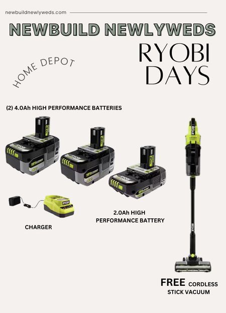 Ryobi Days are here! We are obsessed with all of our Ryobi tools and these deals are insane! Don’t miss this one — buy the Performance Kit with 3 batteries + charger and get the Cordless Stick Vac for FREE!!!

#LTKHome #LTKSaleAlert #LTKFindsUnder100