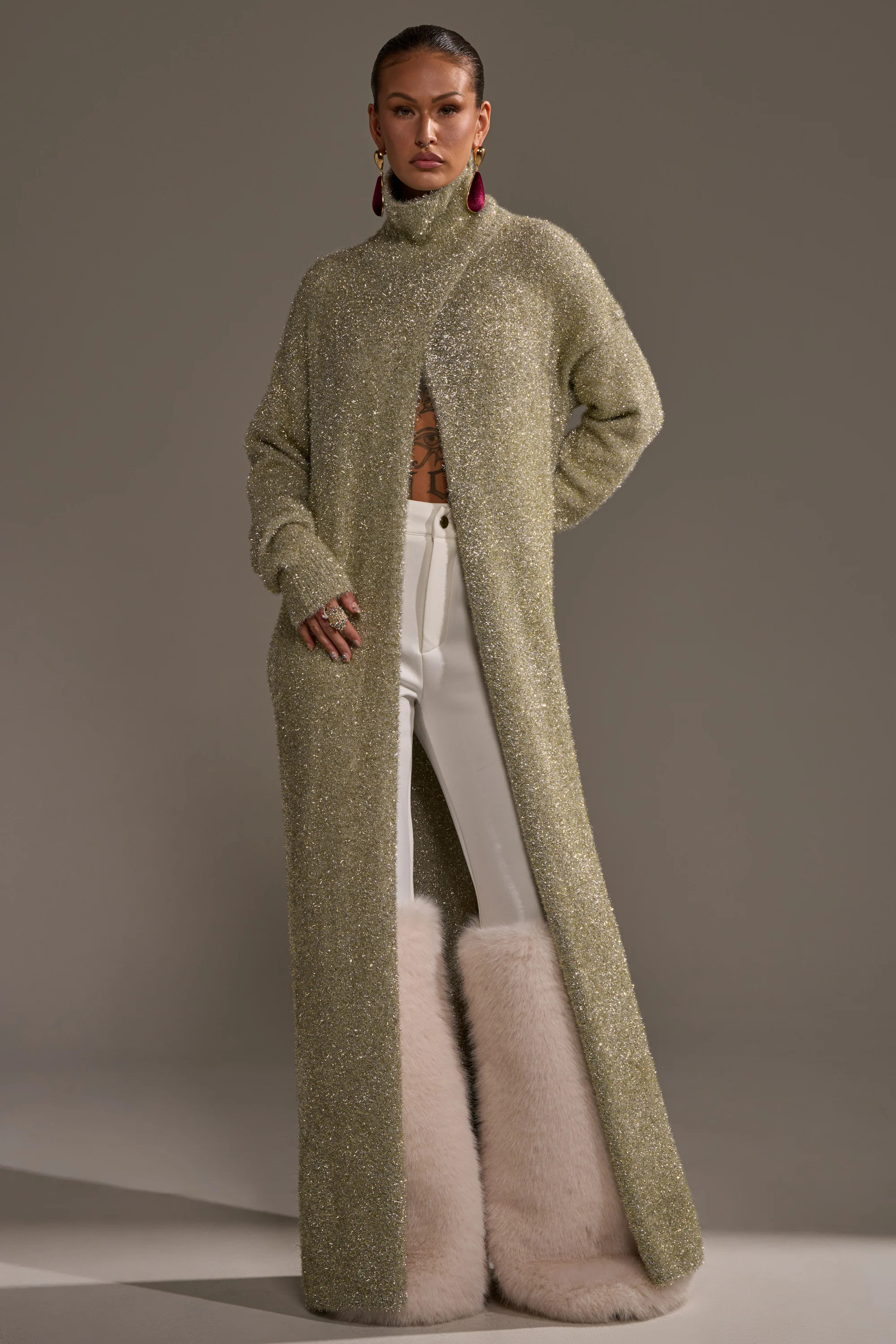 WORTHY OF LOVE LONG SLEEVE METALLIC SWEATER IN GOLD | AKIRA