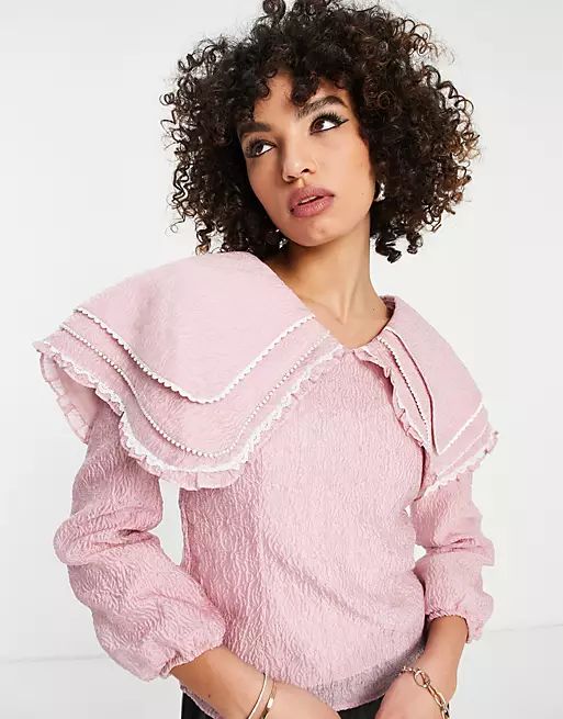 Sister Jane pink floral jacquard blouse with oversized collar | ASOS (Global)