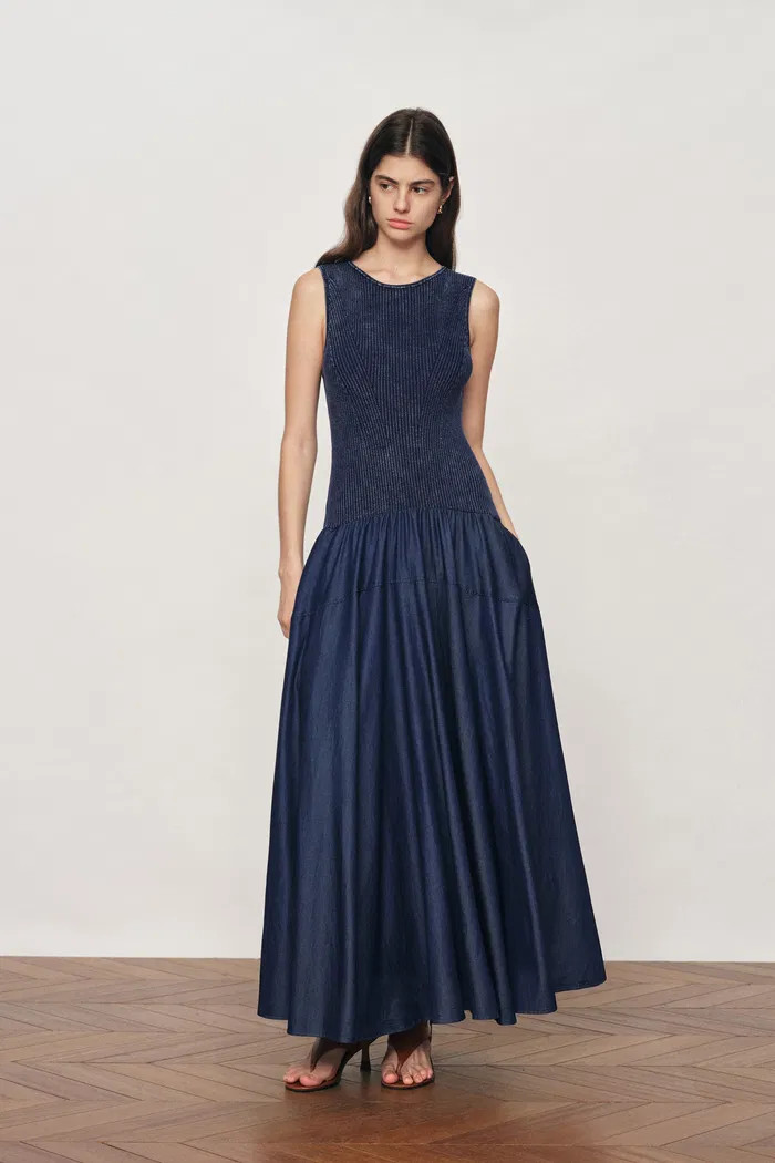 Keira Sleeveless Panel Dress in Cotton Knit with Tencel Denim | Fabrique