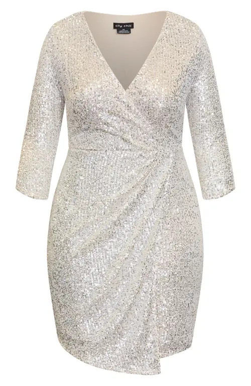 City Chic Razzle Sequin Faux Wrap Dress in Nude at Nordstrom, Size Large | Nordstrom