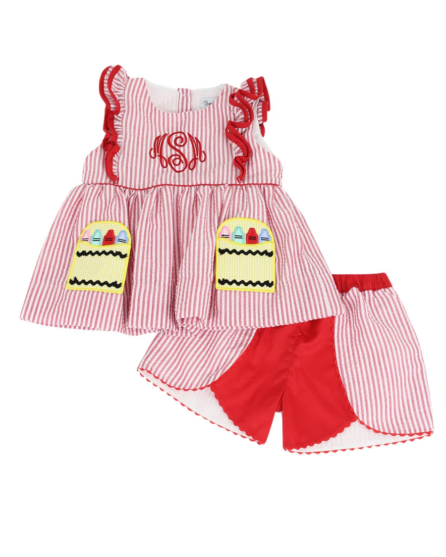 Crayon Pocket Red Seersucker Girl Shorts Set | Smockingbird Kids