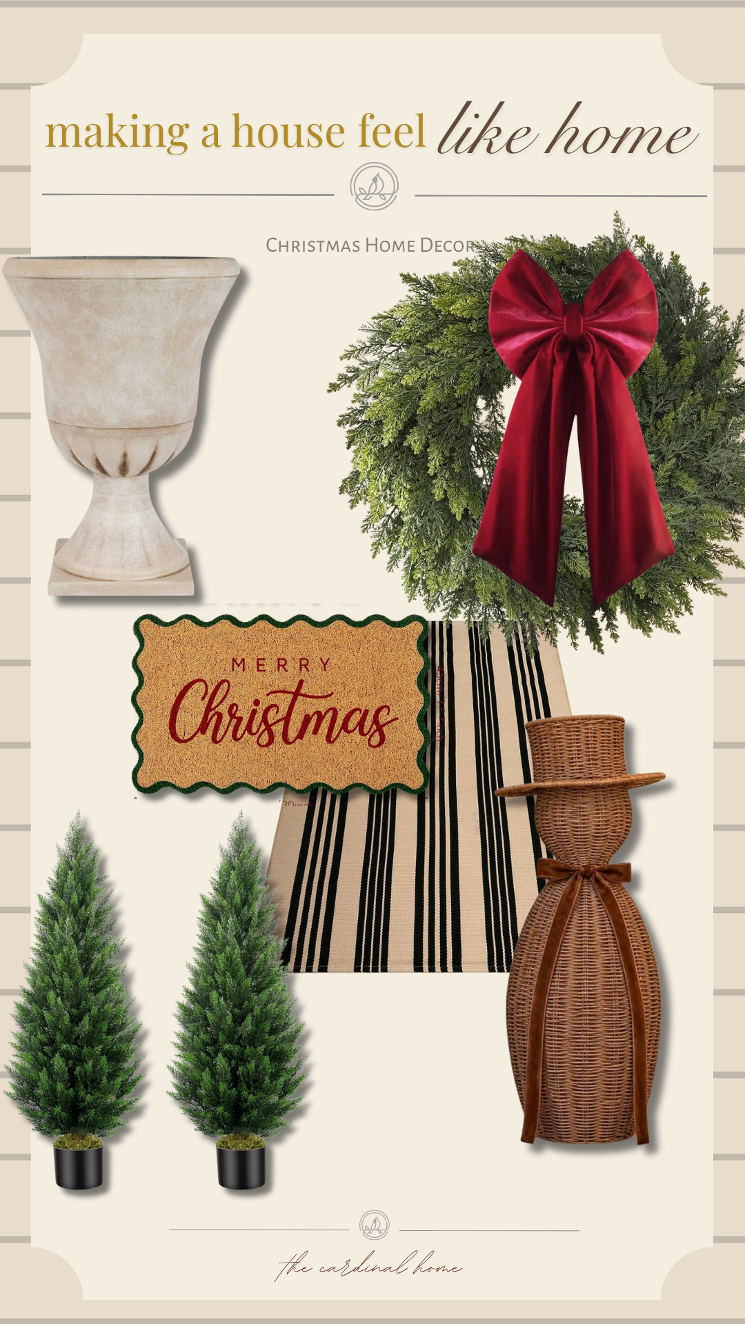 Christmas porch decor, traditional Christmas decorations, nostalgic Christmas decor, Christmas front porch, outdoor Christmas decor, Christmas wreath, cedar wreath, oversized Christmas wreath, red velvet bow, velvet Christmas ribbon, Christmas doormat, scalloped doormat, layered doormats, black and white striped rug, Christmas topiary trees, faux evergreen trees, outdoor Christmas trees, wicker snowman, rattan Christmas decor, Christmas urn planter, vintage inspired Christmas, classic red and green Christmas, cozy Christmas porch, Christmas entryway, holiday decorating ideas, timeless Christmas decor, collected Christmas home, Christmas home inspiration, outdoor holiday styling, Christmas decor finds 

 #LTKSeasonal #LTKHome #LTKSaleAlert