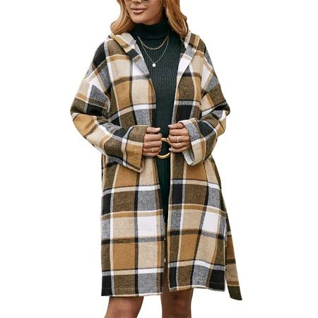 Nituyy Women Casual Long Sleeve Cardigan Fashion Plaid Open Front Woolen Hooded Coat With Pockets | Walmart (US)