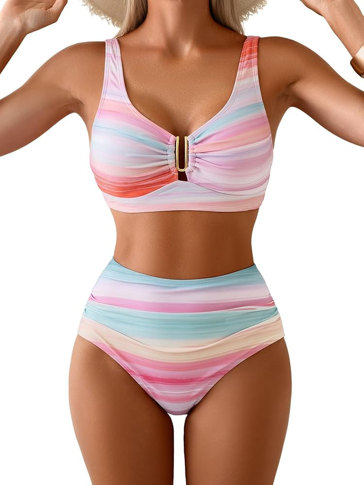 Eomenie Bikini Sets for Women High Waisted Two Piece Bathing Suit U Wired V Neck Swimsuit Adjusta... | Amazon (US)