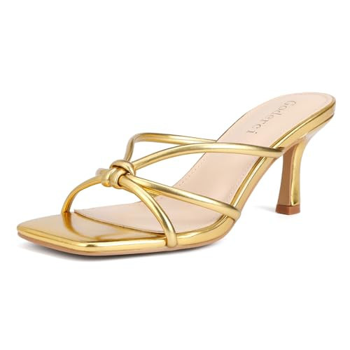 Goderci Kitten Strappy Heels for Women Knotted Square Open Toe Slip On Mule Heels Mid Heeled Sandals(9.5,Gold) | Amazon (US)