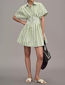 Dsewpaur Women Button Front Pleated Shirt Dress Summer Casual Short Sleeve Pleated Blouse Mini Dr... | Amazon (US)