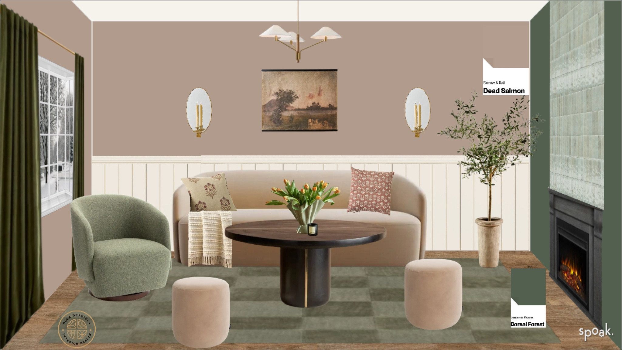 Gorgeous living room design/moodboard. Curvy velvet sofa, velvet poufs, green checkered rug, green tile, magnolia tapestry art, magnolia elegant sconces, green side chair, olive tree, green velvet curtain, pattern pillows. #homedecor #livingroom #furniture 

#LTKHome #LTKSeasonal #LTKStyleTip