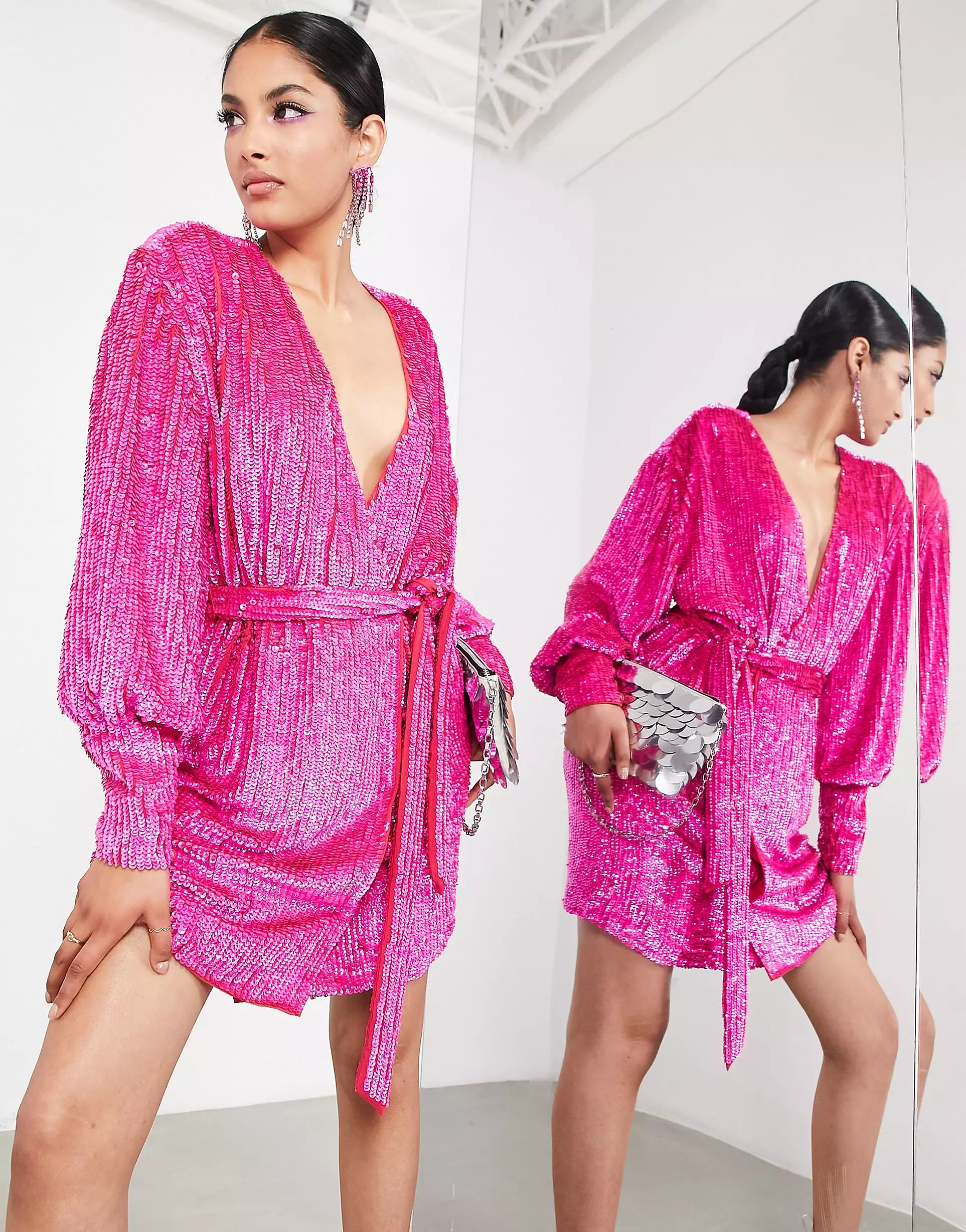 ASOS EDITION sequin wrap mini dress in hot pink | ASOS (Global)