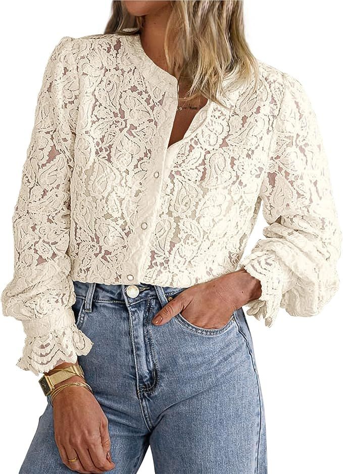 PRETTYGARDEN Women's Dressy Casual Lace Blouse Long Sleeve Button Up Shirts Tops Fall Fashion Clo... | Amazon (US)