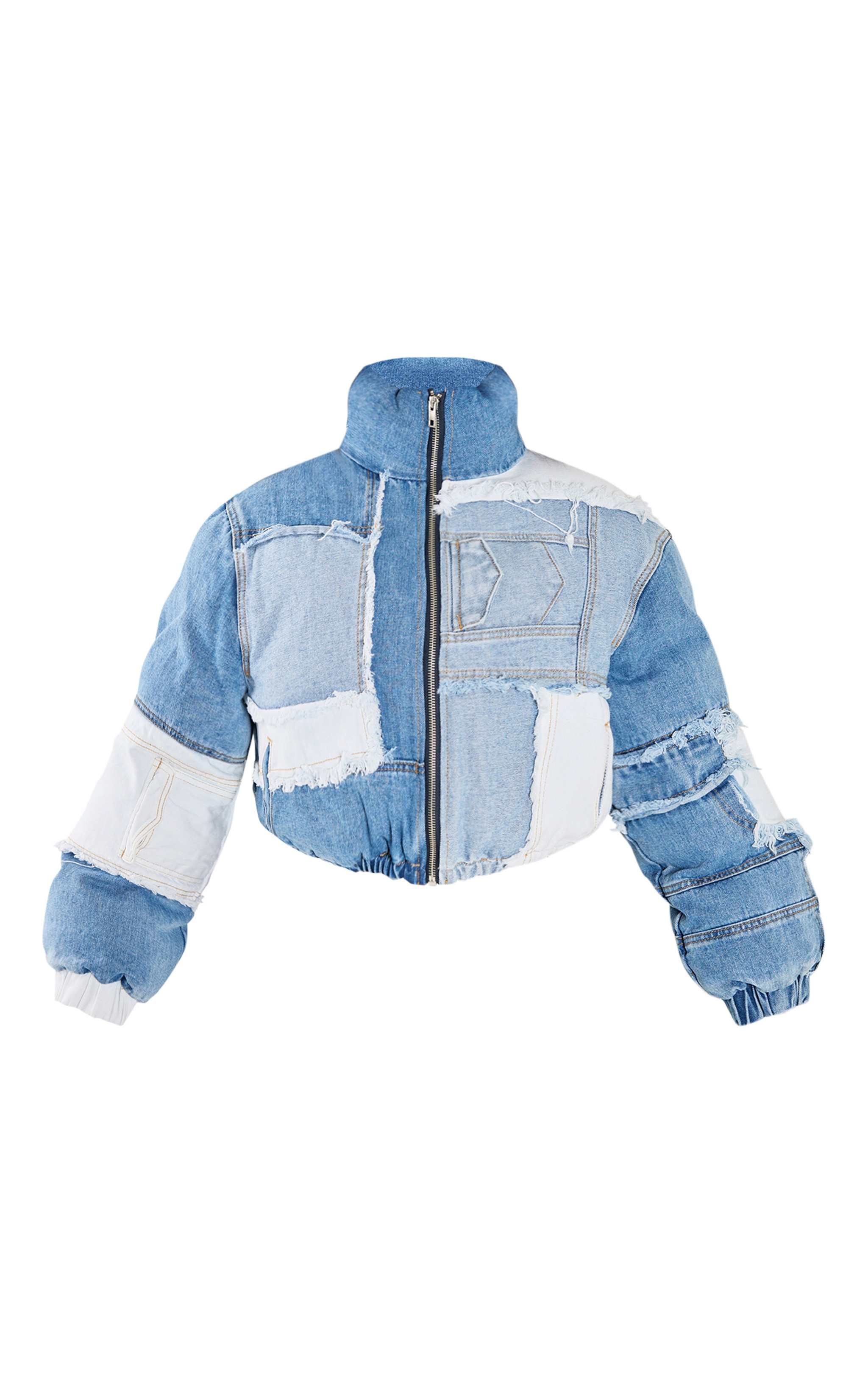 Petite Light Blue Denim Patchwork Puffer Jacket | PrettyLittleThing US
