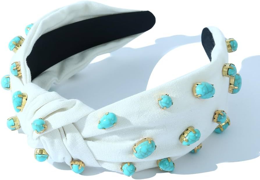 CULHEITE Rhinestone Crystal Turquoise Jeweled Wide Headbands Fashion Vintage White Teal Hairband ... | Amazon (US)