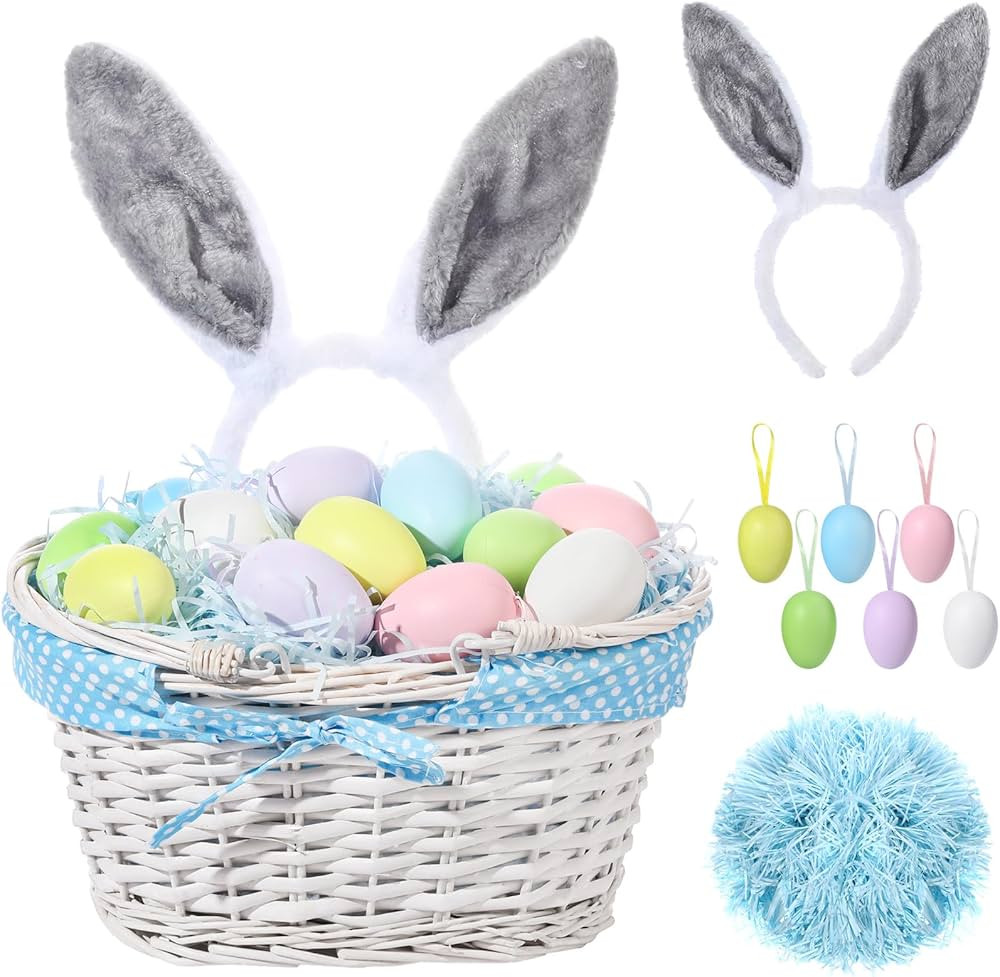Easter Wicker Basket with Folding Handles, Eggs, Raffia Paper Grass and Bunny Headband, Empty Wov... | Amazon (US)