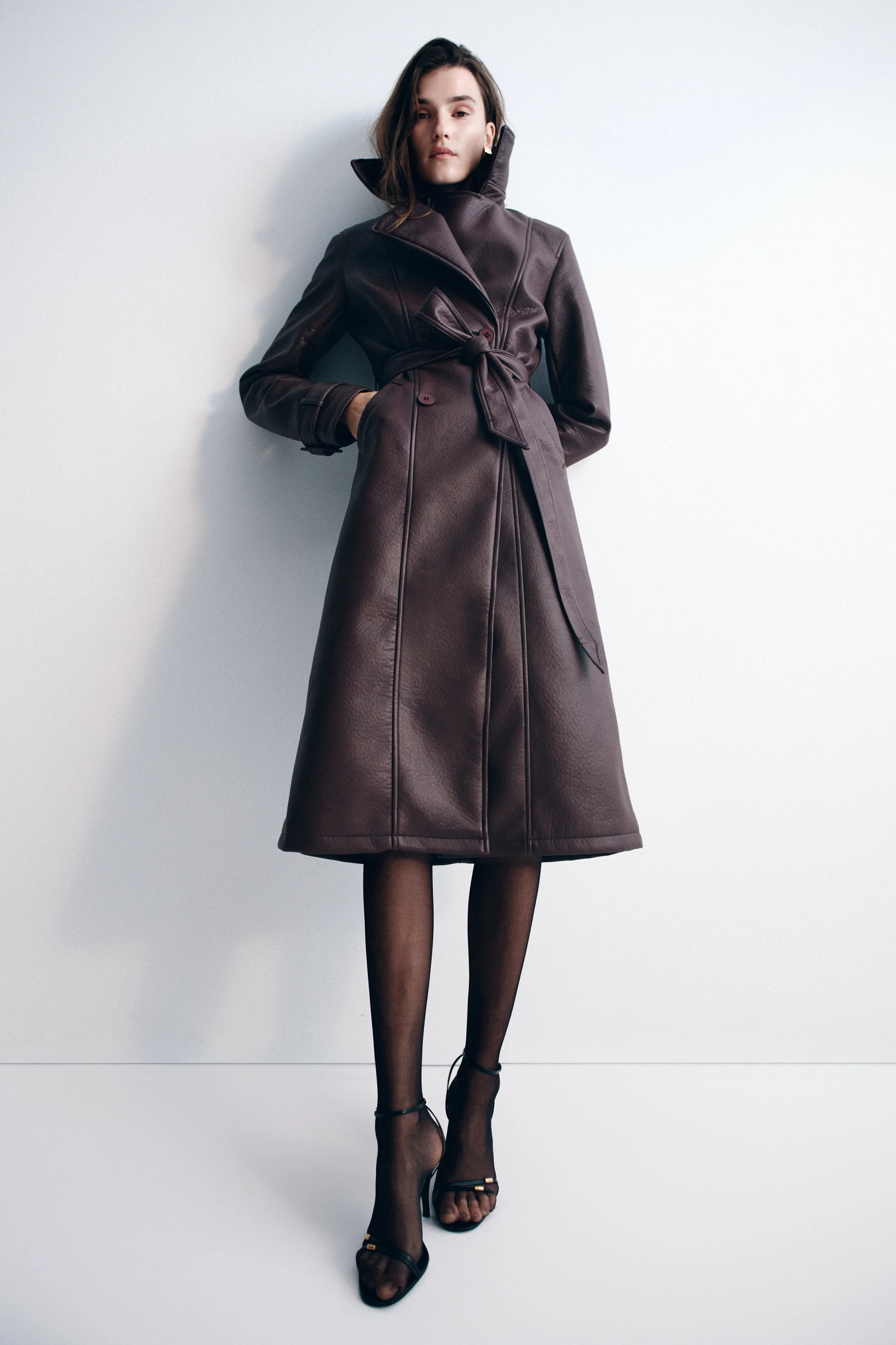 Tarah Faux Leather Trench Coat - Cacao Brown | MESHKI US
