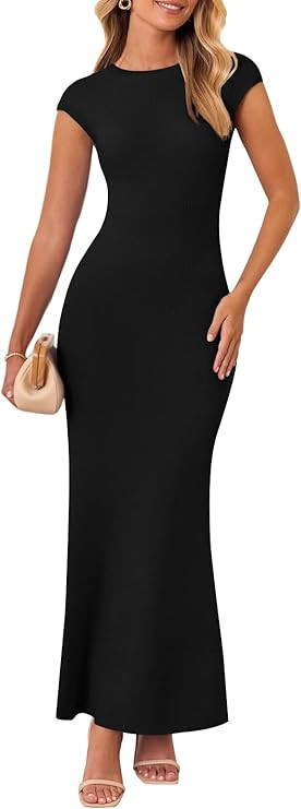 MEROKEETY Women's Cap Sleeve Rib Knit Maxi Dress Crew Neck Slim Fit Bodycon Summer Sweater Dresse... | Amazon (US)