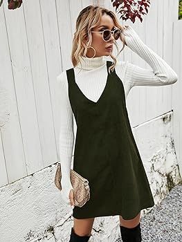 Women's V Neck Corduroy Pinafore Overall Mini Dress Jumper Dress | Amazon (US)