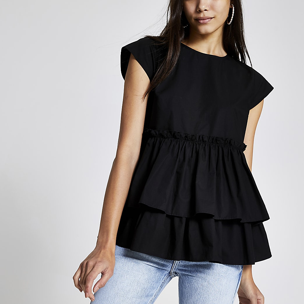 Black poplin peplum frill top | River Island (US)
