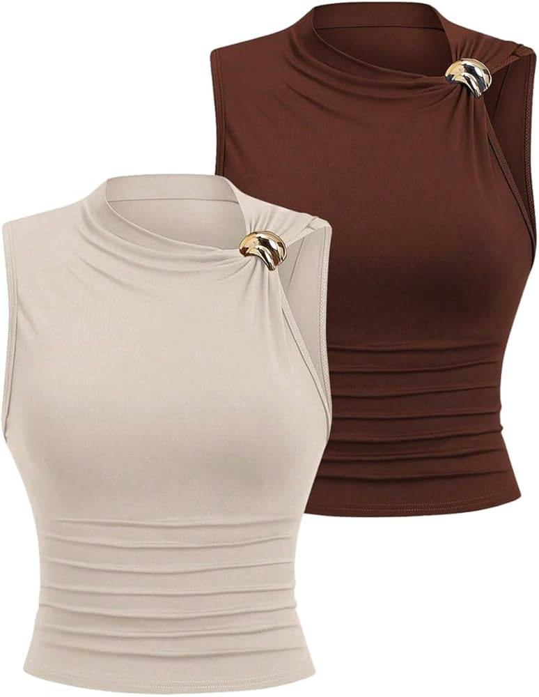 Floerns Women's 2 Piece Sleeveless Tank Top Metal Mock Neck Casual Ruched Camisole | Amazon (US)