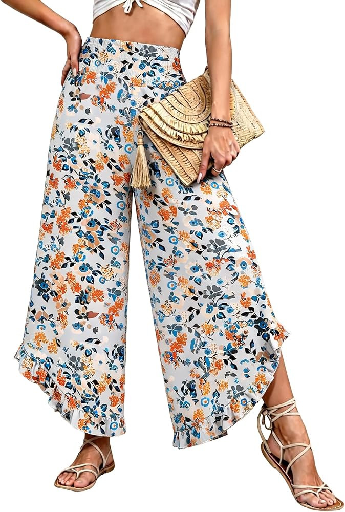 IEEILULU Wide Leg Pants for Women - Beach Pants for Women Flowy Floral Palazzo High Waisted Pants... | Amazon (US)