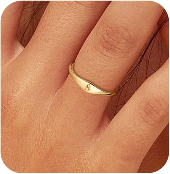 Florideco 14K Gold Filled Ring Gold Initial Ring Dainty Gold Simple Letter Band Rings Signet Stac... | Amazon (US)