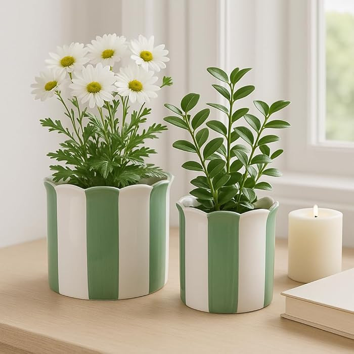 Decorative Striped Scallop Edge Planters Accent - Cute Flower Pots Ideal for Indoor or Outdoor Pl... | Amazon (US)