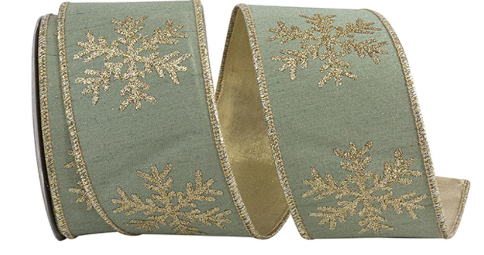 Celadon Dupioni Ribbon with Glitter Snowflakes – 2.5” | Fig and Dove