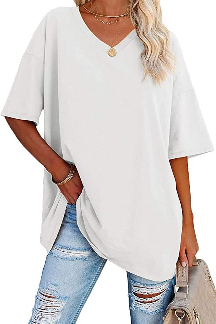 Ebifin Women's Oversized T Shirts Tees Half Sleeve V Neck Comfy Cozy Cotton Tunic Tops | Amazon (US)