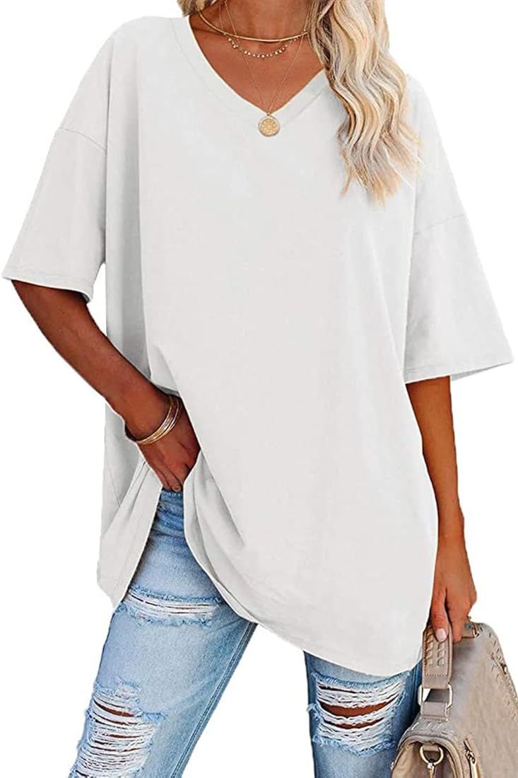 Ebifin Women's Oversized T Shirts Tees Half Sleeve V Neck Comfy Cozy Cotton Tunic Tops | Amazon (US)