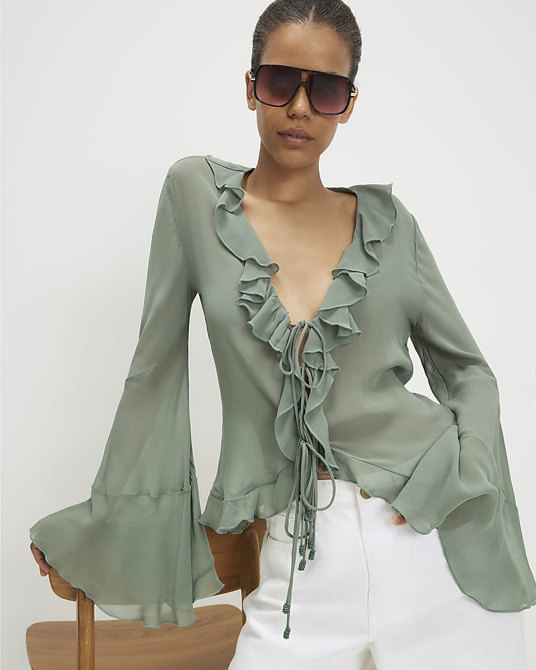 Green Long Sleeve Ruffle Front Blouse | River Island UK & IE