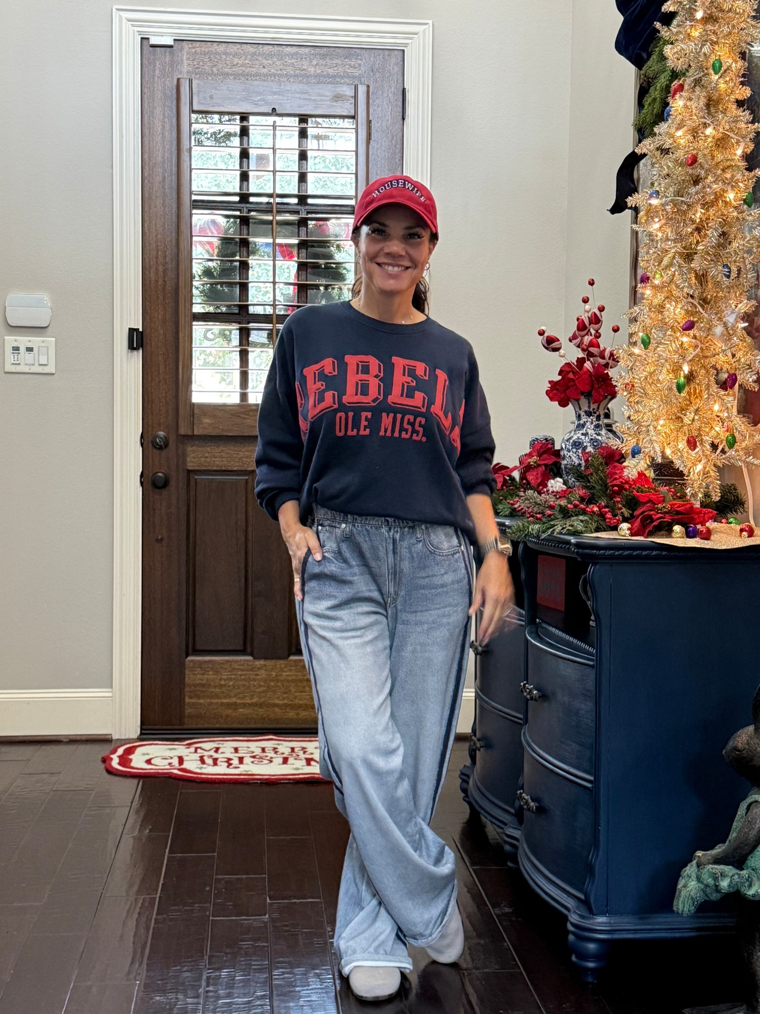 Ready for CFB Playoff Saturday! Keeping it casual today in my @ragandbone sweatpants and @rothys braided clogs. Zoom in on my #housewife ballcap #IYKYK. Let’s Go Rebels! #LTK #LTKOver50 #LTKWeekend

#LTKmomlife #LTKootd