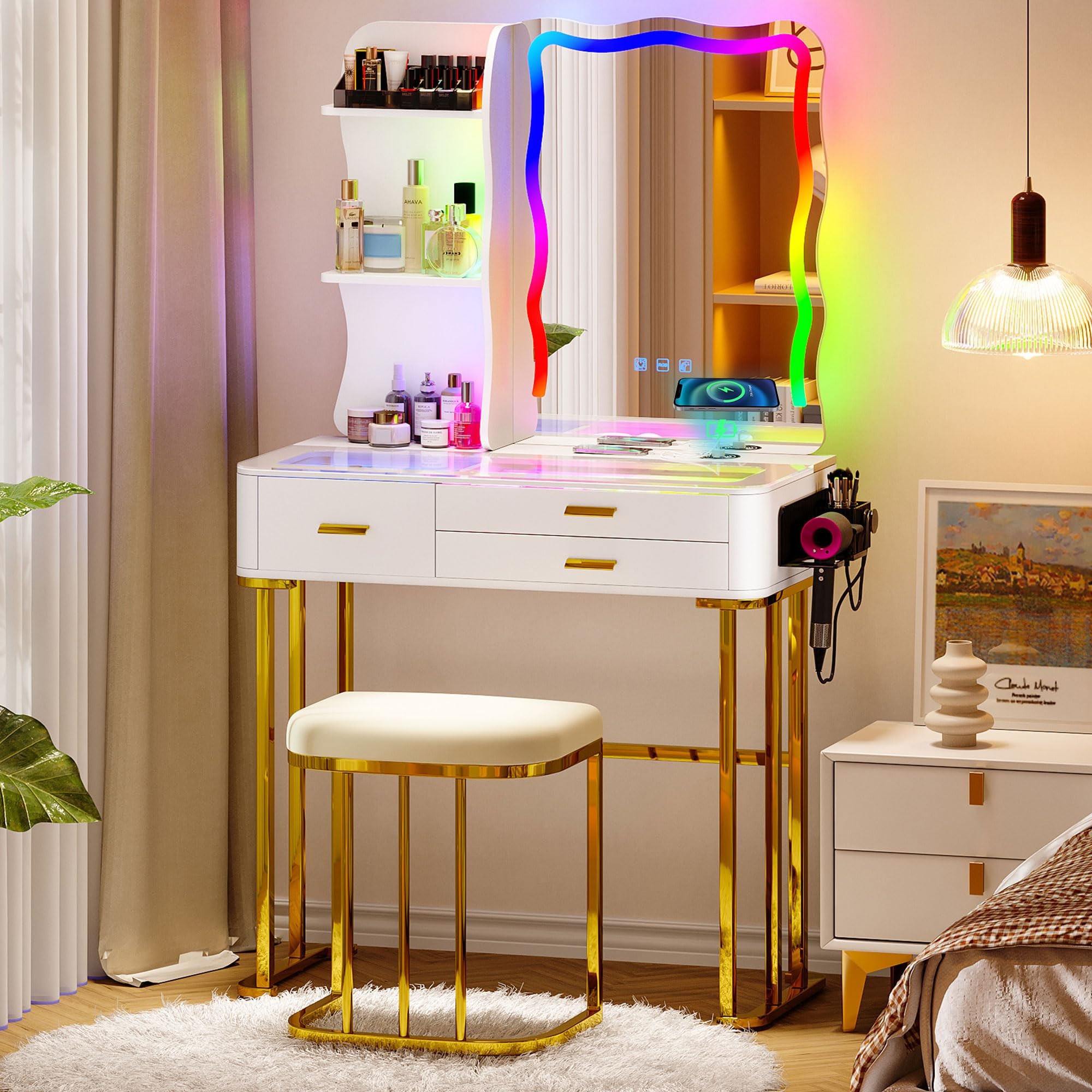 yoofun LED White Dressing Table With Mirror and Stool, Small Makeup Desk with Charging Station, M... | Amazon (UK)