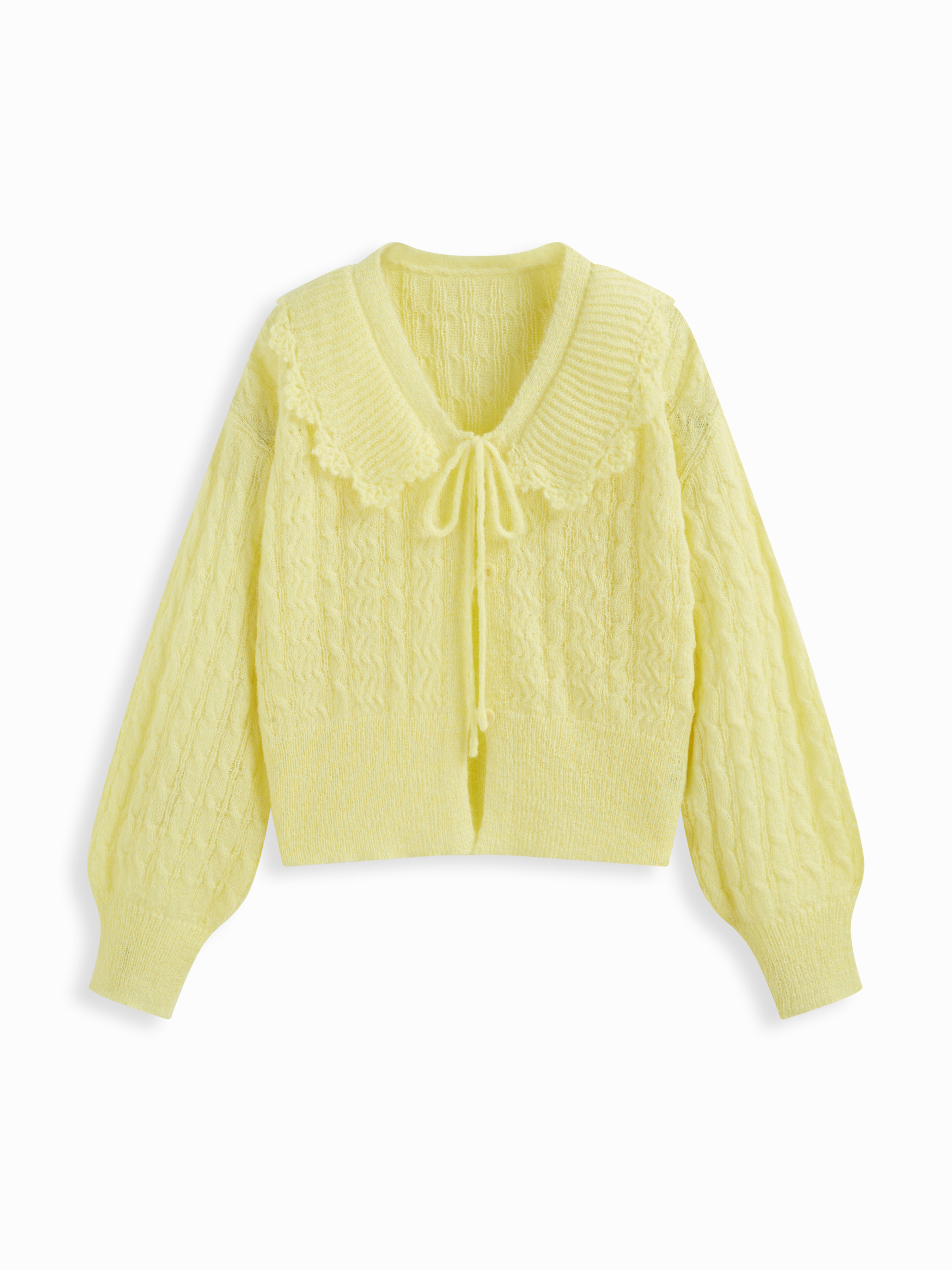 Knit Fabric Cable Knit Peter Pan Collar Button Knotted Long Sleeve Cardigan For Daily Casual | Cider