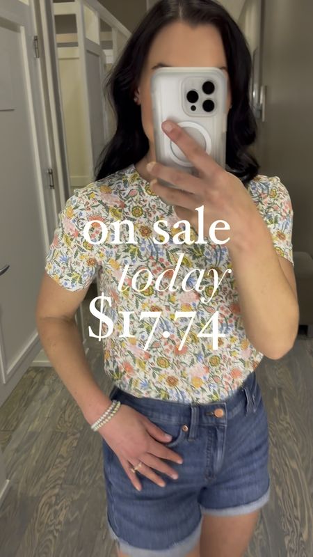 $17.74 floral tee - On sale today with code OMG🌸 This one came home with me!! It is incredibly soft and a great quality fabric that isn’t sheer at all. Quickly selling out! Looks great with denim shorts or white jeans👏

Sizing:
If between sizes, I would size down in this. I’m wearing an XS and have plenty of room. I’m guessing it might shrink a bit if dried, so keep that in mind. 

Casual style, casual outfit, mom style, mom ootd, spring fashion, sale alert, Loft, affordable outfit 

#LTKfindsunder50 #LTKsalealert #LTKSeasonal