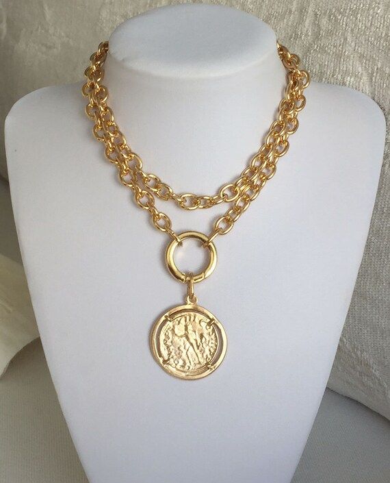 Chunky gold medallion necklace Gold coin necklace large coin necklace Versace jewelry inspired wi... | Etsy (US)
