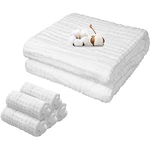 Baby Towels Muslin Washcloths Set - 1 Large Bath Blanket & 5 Washcloths, 6 Layers 100% Cotton, Super | Amazon (US)
