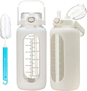 42oz/52oz/64oz Glass Water Bolttles with Straw Half Gallon Large Motivational Water Bottle with T... | Amazon (US)
