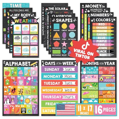 Hadley Designs 16 Educational Posters for Classroom Must Haves - Laminated Pre-K Posters for Toddler Homeschool Essentials, Toddler & Preschool Learning Activities, Kindergarten Classroom Decor | Amazon (US)