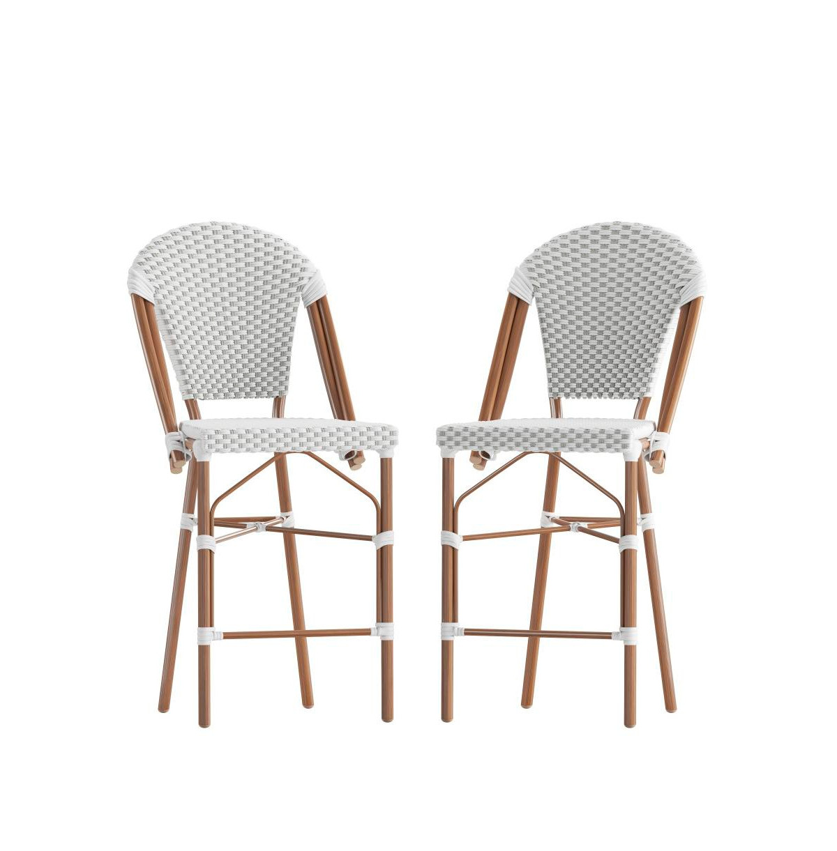 Celia Set Of Two Indoor/Outdoor Stacking Bistro Counter Stools With White And Gray Patterned Seats And Backs & Bamboo Finished Metal Frames - White g | Macy's