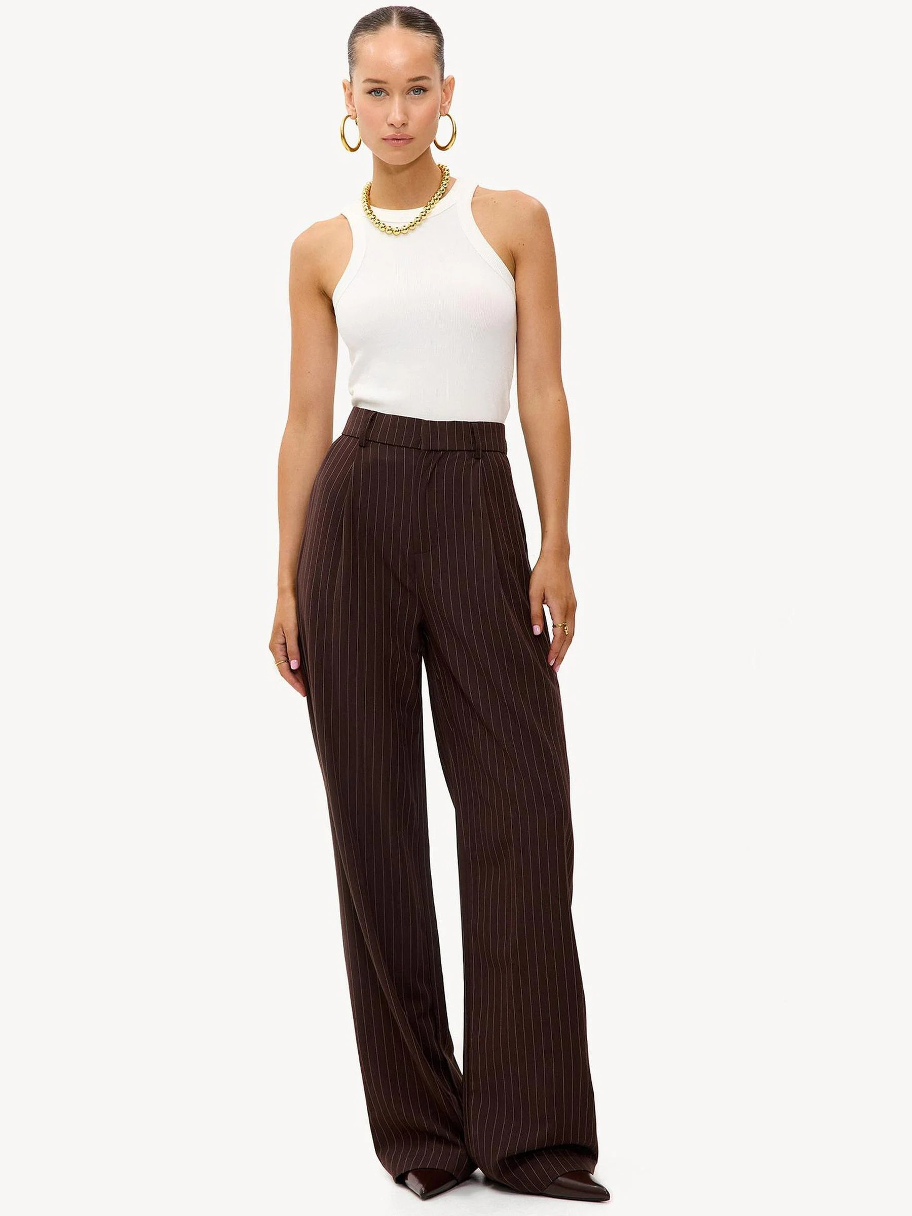 LOAVIES LOAVIES Brown High Waisted Pinstripe Wide Leg Suit Trousers | Next US
