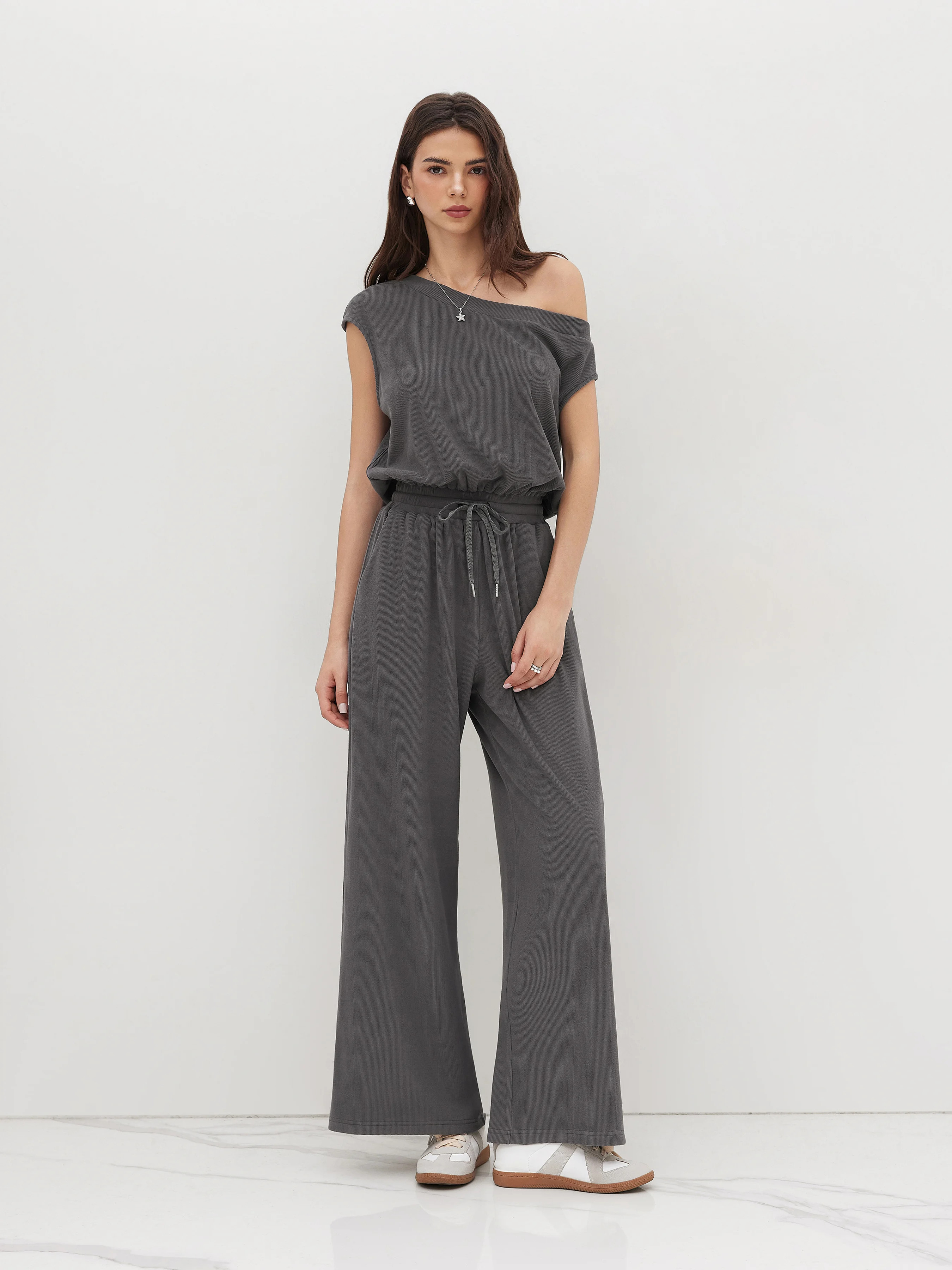 Knit Fabric Asymmetrical Neck Drawstring Jumpsuit For Daily Casual | Cider