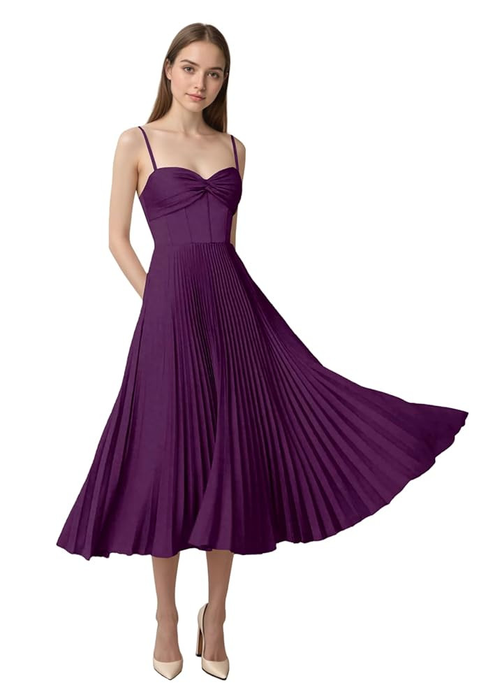 Spaghetti Straps Bridesmaid Dress for Womens Satin Pleated A-Line Midi Prom Dress for Formal Even... | Amazon (US)