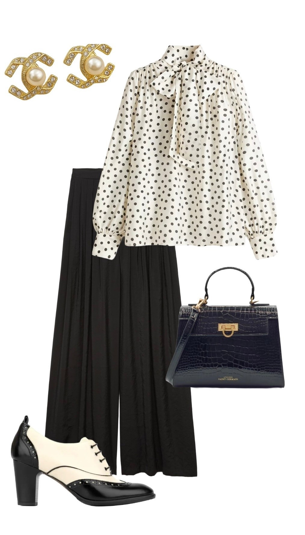 From work to drinks with the girls and date night, this chic floaty look inspired by the 1930s will take you anywhere. 

Polka Dot Tie Neck Chiffon Blouse - H&M

Wide Leg Black Palazzo Trousers - new in Marks & Spencer 

Top Handle Handbag - Ateliers Saint Germain at Secret Sales

French Earrings - Debenhams 

Two Tone Heeled ‘Casino’ Brogues - Embassy London at Debenhams 



#LTKspring #LTKuk #LTKeurope