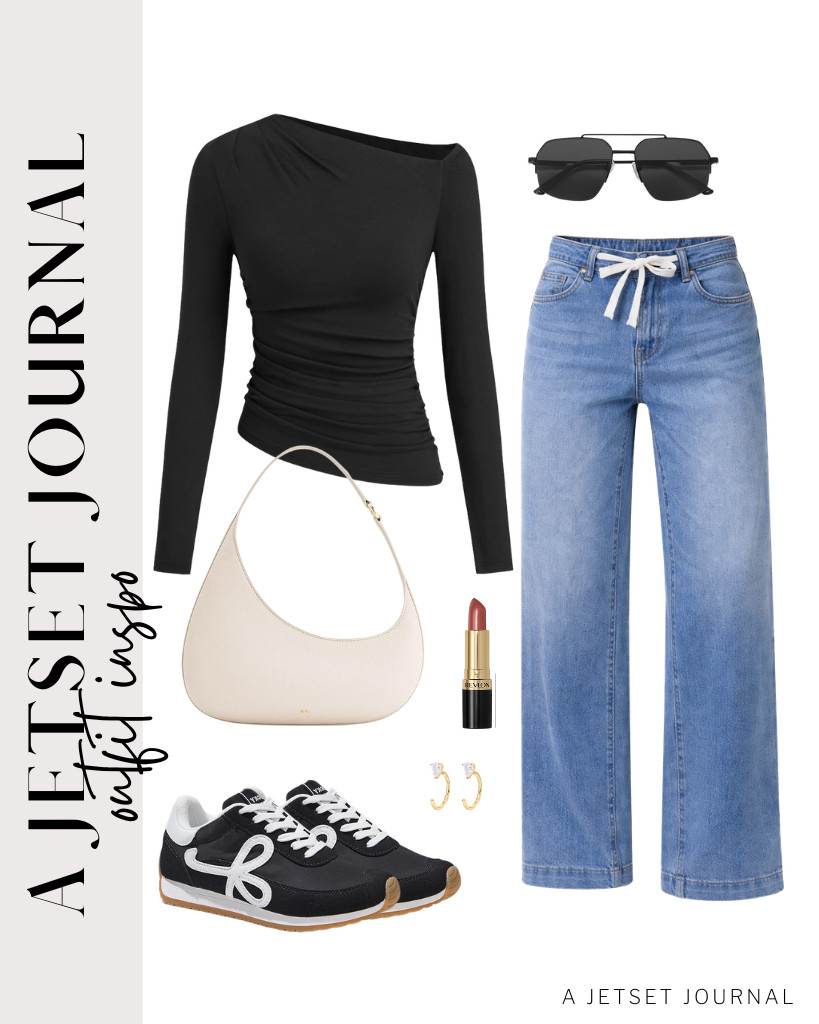 This outfit is perfect for cozy evening dates. Pair a black off-the-shoulder long-sleeved top with light-wash drawstring jeans, then put on these black LUCKY STEP sneakers. The Harlee shoulder bag beautifully complements the top's asymmetrical look. Don’t forget to accessorize with PAVOI half-hoop earrings and Revlon lipstick! 

 #LTKSeasonal #LTKSaleAlert #LTKTravel