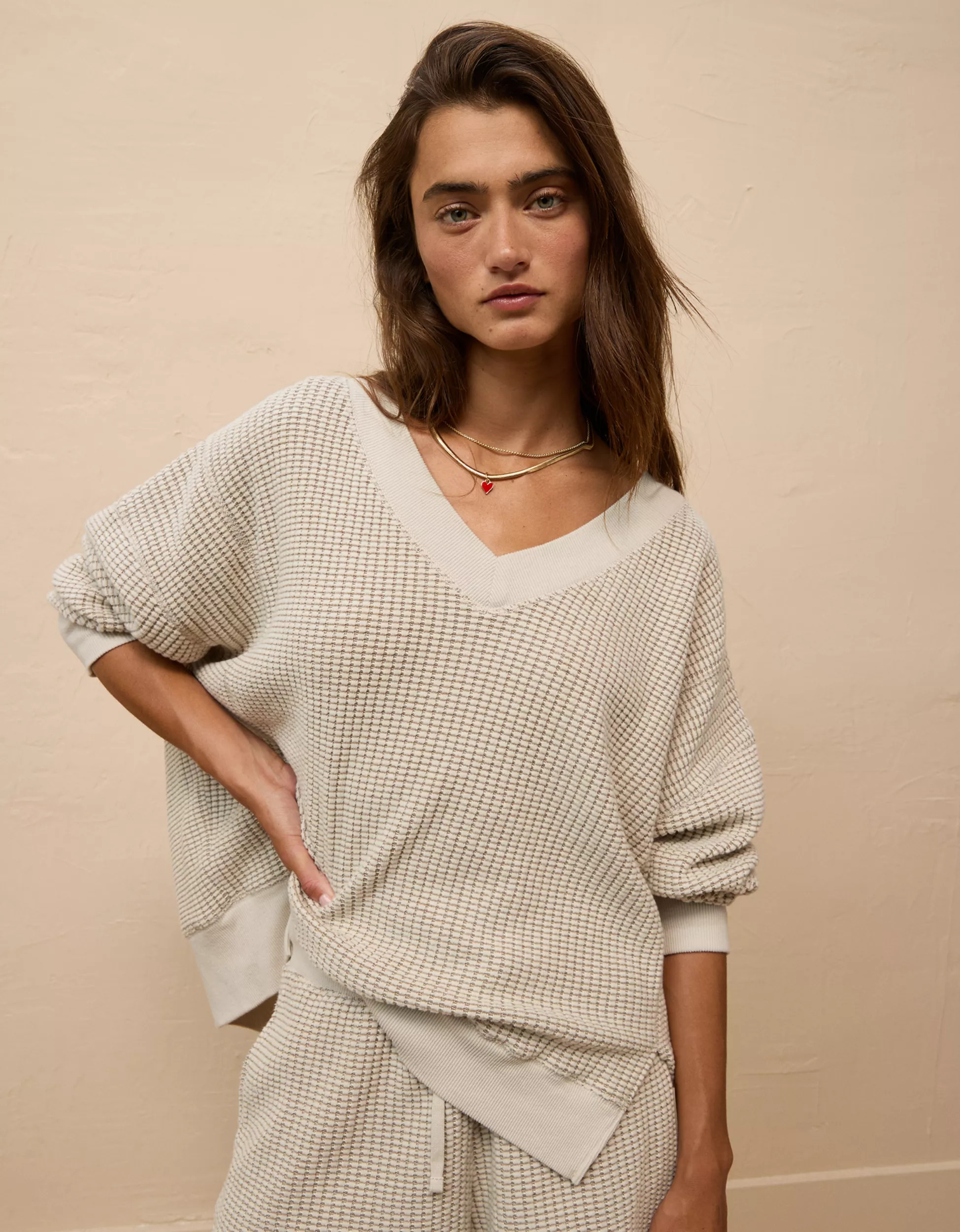 AE Big Hug V-Neck Waffle Sweatshirt | American Eagle Outfitters (US & CA)