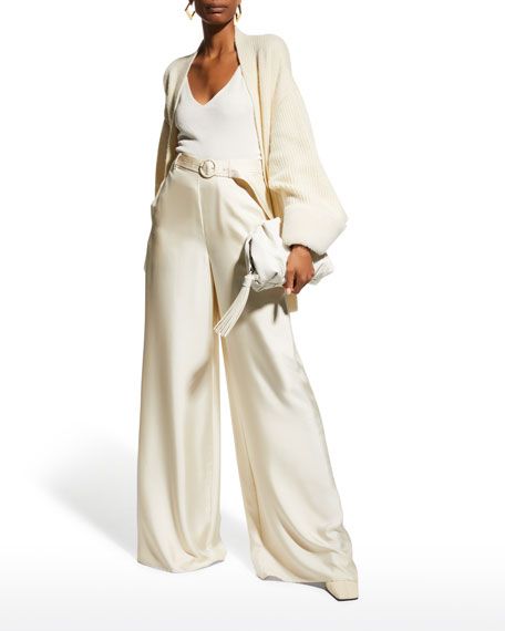 LAPOINTE Belted Wide-Leg Silk Twill Pants | Neiman Marcus