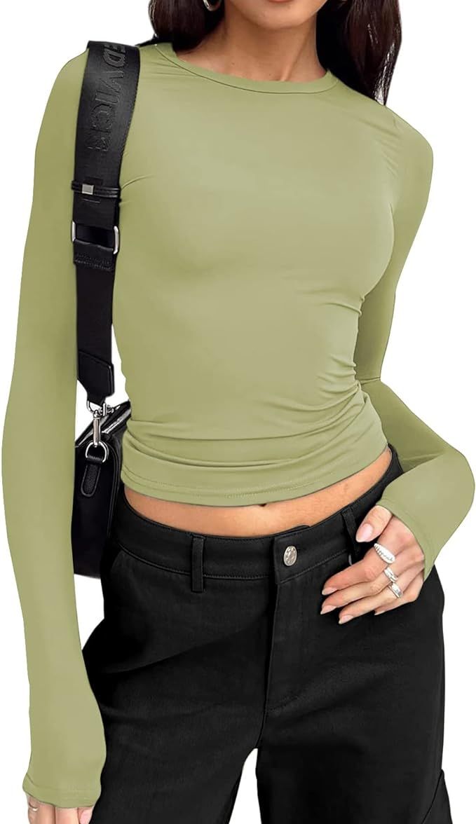 Women's Long Sleeve Crop Top Shirts Basic Casual Crew Neck Y2K T Shirts Top Solid Color Tee | Amazon (US)