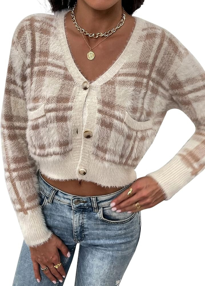 MISSACTIVER Women's Plaid Fur Fluffy Button Down Crop Cardigan Loose Fit Long Sleeve V-Neck Knitted  | Amazon (US)