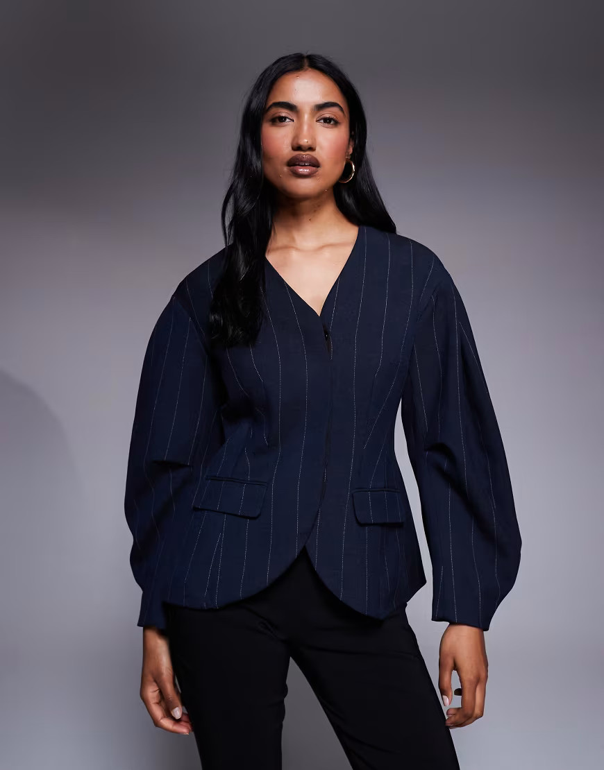 River Island pinstripe cocoon sleeve blazer in navy-Blue | ASOS (Global)