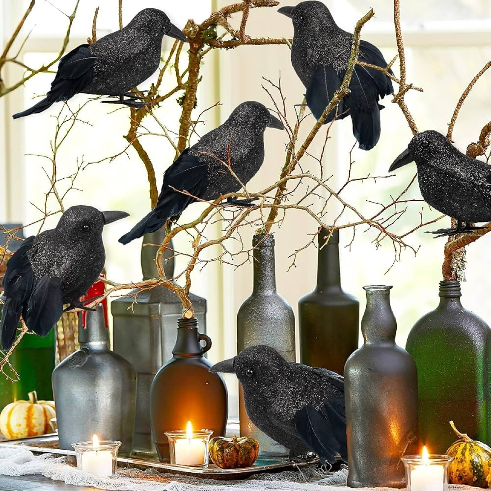 kockuu Crows Halloween Decorations - 6Pcs Halloween Crows Raven Black Birds Glitter Feathered Dec... | Amazon (US)